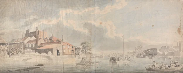 Ein Kai an der Themse mit Westminster Bridge in der Ferne
